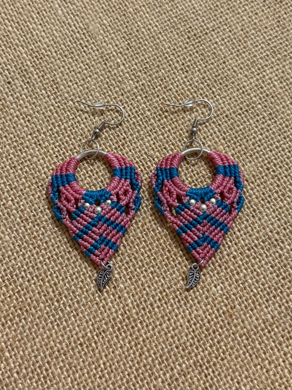 Handmade Pink and Teal Macramé Drop Earrings with Leaf Charm
